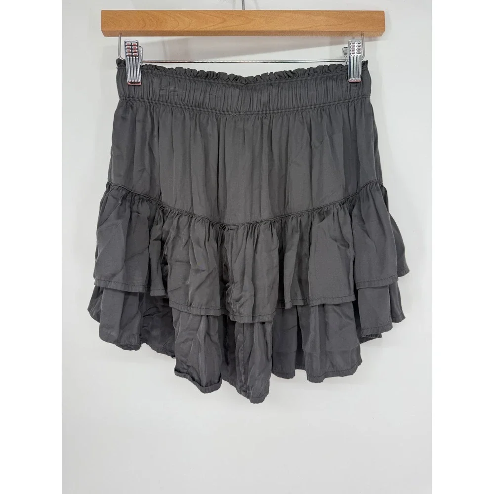 Aerie Womens Charcoal Grey Tiered Ruffle‎ Mini Skirt Silky Viscose Smocked XS